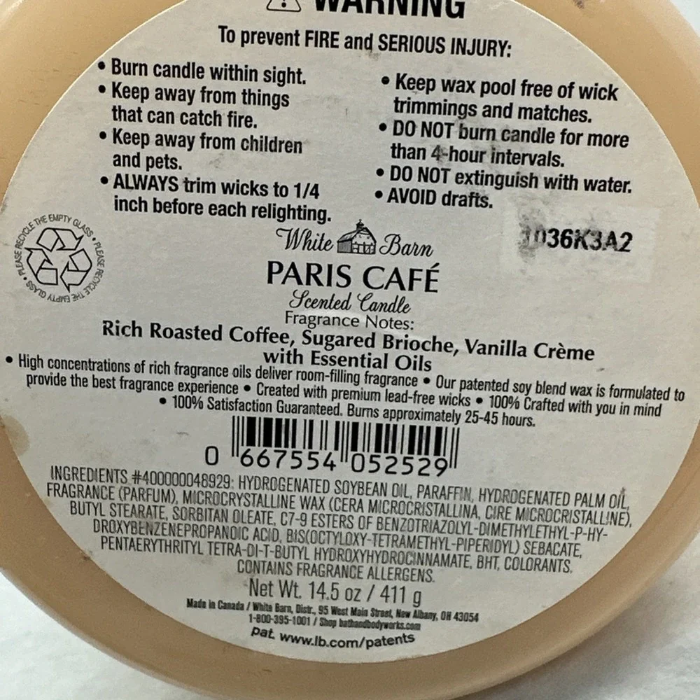 Bath & Body Works Candle Paris Cafe 3 Wick 14.5 Oz Coffee Vanilla Sugar Scented